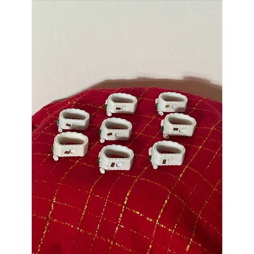 Holiday Christmas Ceramic Napkin Rings Candy Canes  and Holly Set of 8.